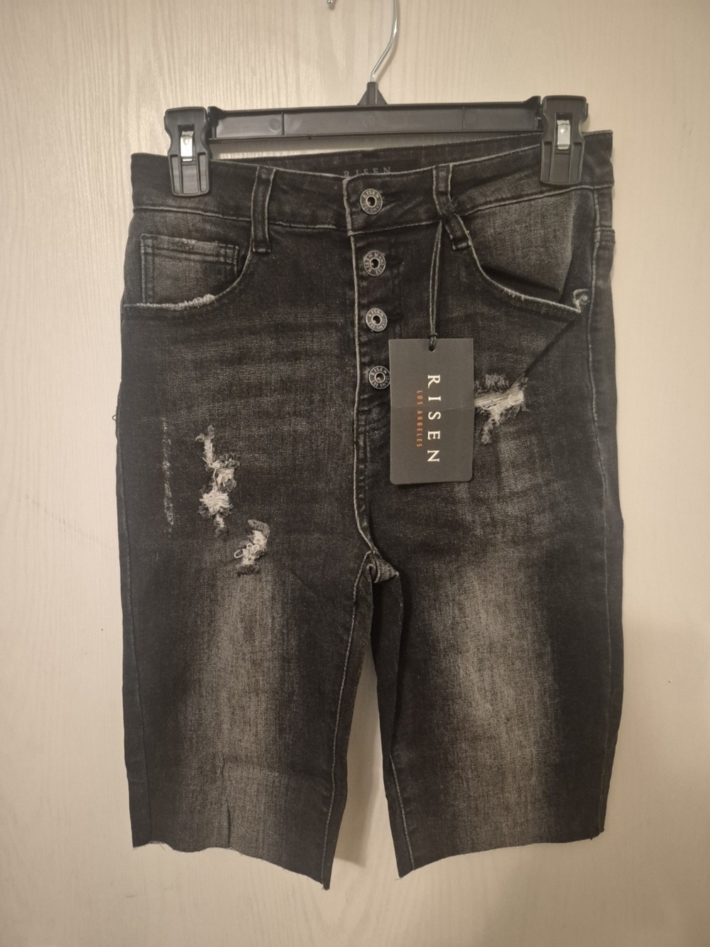 RISEN Black Distressed Button-Fly Denim Bermuda Shorts